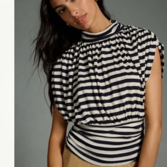 Maeve Striped Mock Neck Top Size Medium Anthropologie Ruched Waist Blouse Navy - Picture 1 of 16